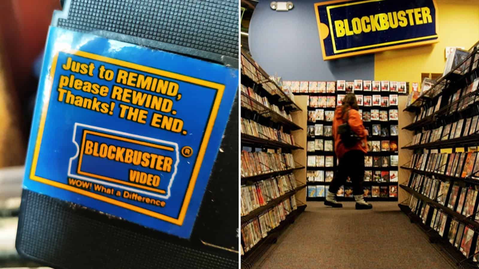 Close-up of a VHS tape with a label saying 'Just to REMIND, please REWIND, Thanks! THE END.'.