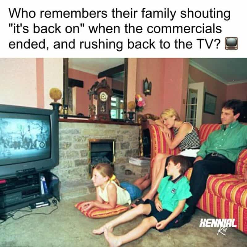 Family watching TV with caption about shouting 'it's back on' after commercials.
