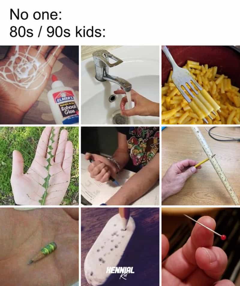 Nostalgic 80s/90s kids: slime, faucet, pasta, leaf, bracelet, ruler, caterpillar, soap, sewing, pin.