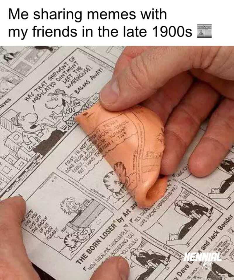 Sharing memes with friends in the late 1900s, hand tearing a comic strip from newspaper.