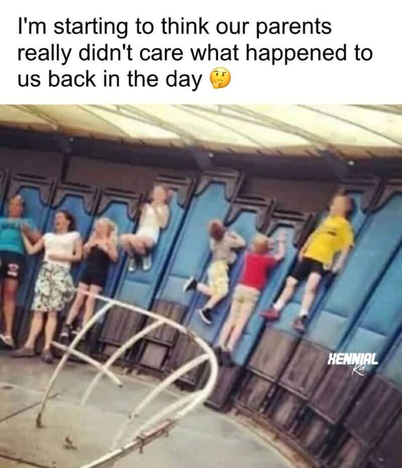 Kids hanging on a carnival ride with a caption about parents not caring.