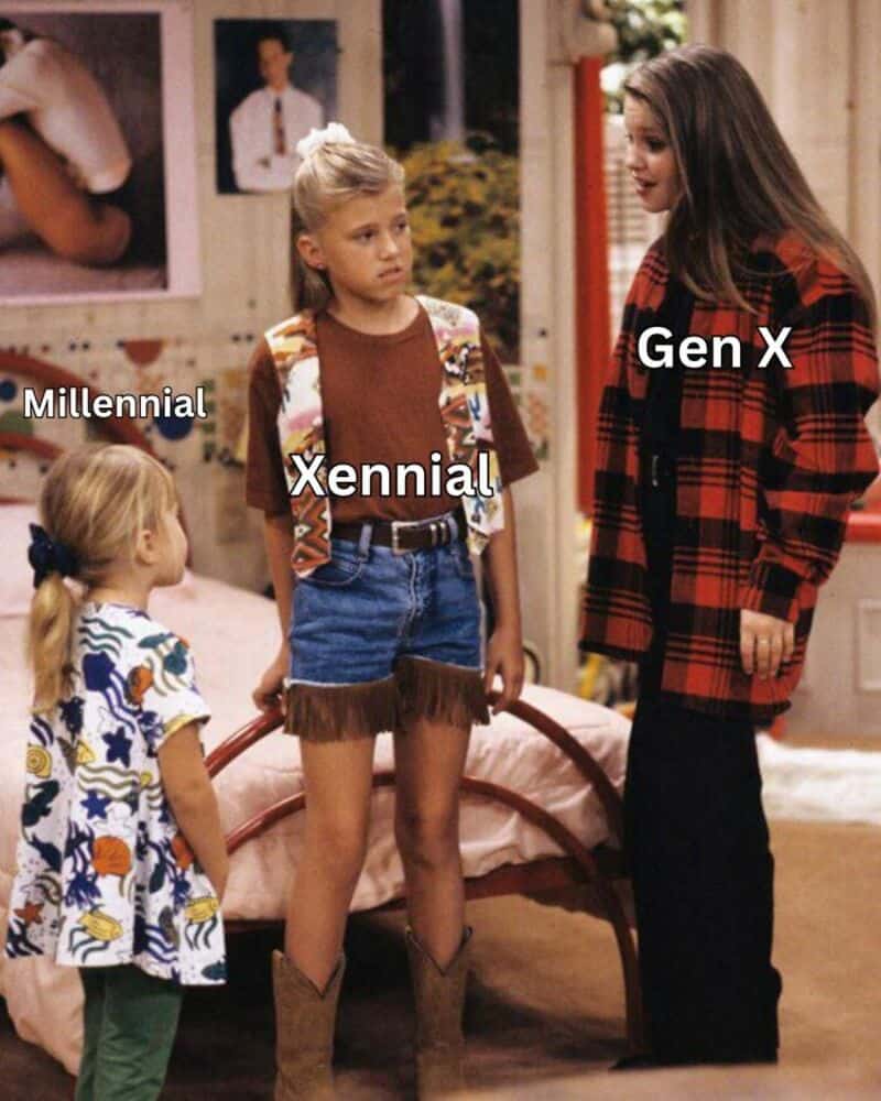 Three girls labeled Millennial, Xennial, and Gen X in a bedroom.