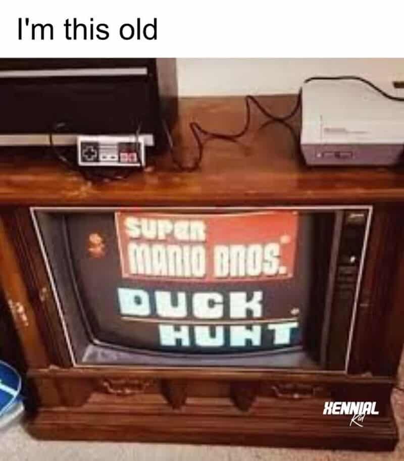Old CRT TV displaying 'Super Mario Bros. Duck Hunt' game with text 'I'm this old' above.
