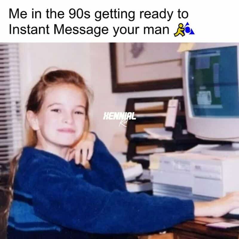 Girl in 90s with old computer and stacks of paper, caption about instant messaging.