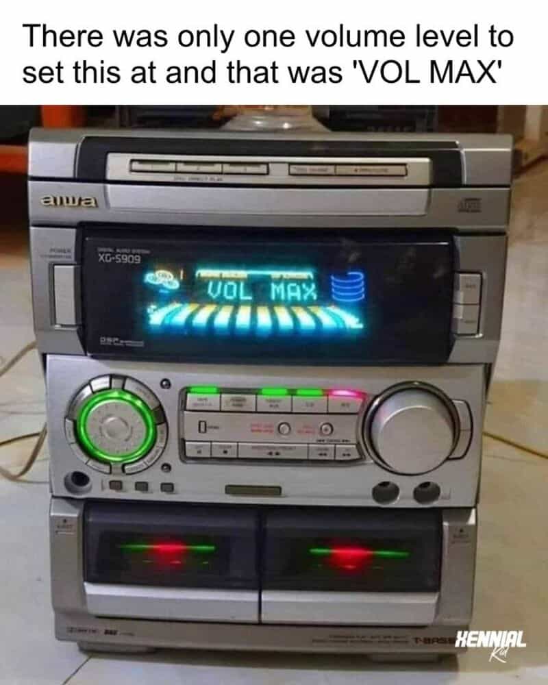 A vintage stereo system with a display reading 'VOL MAX' and a caption about volume levels.