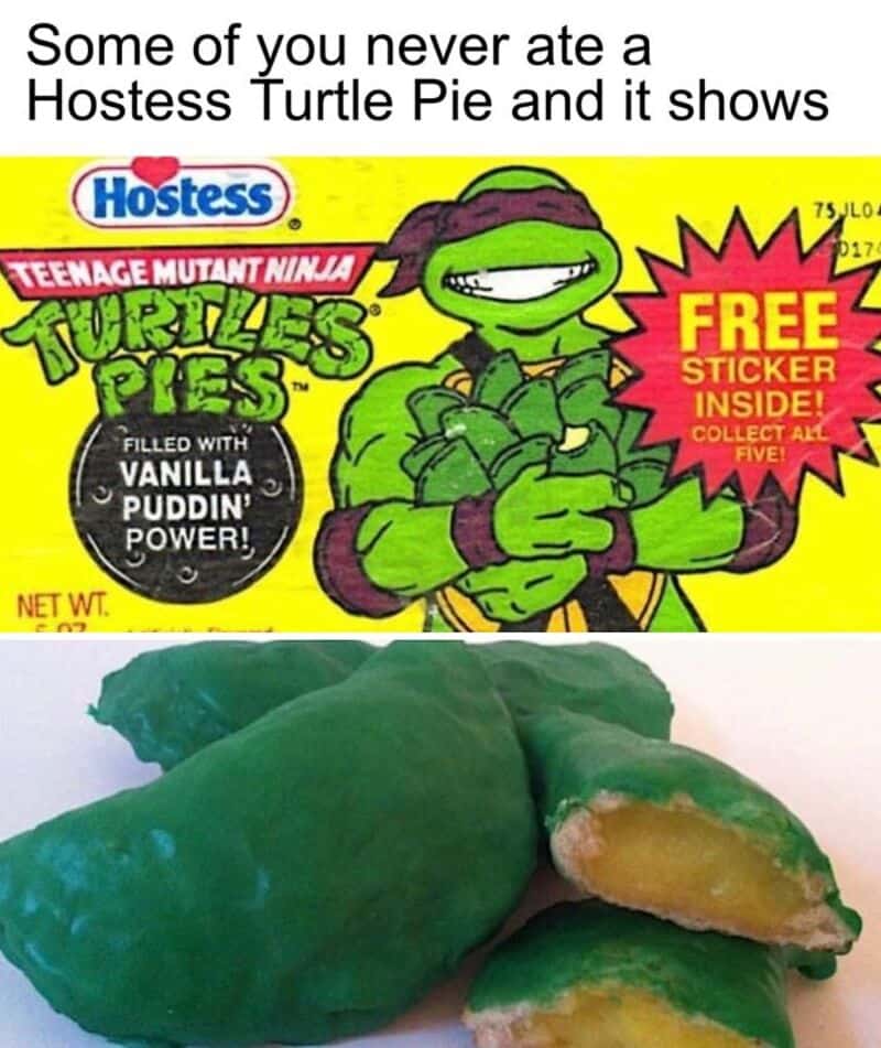 Nostalgic meme about Turtle Pie with Teenage Mutant Ninja Turtles and Hostess logo.