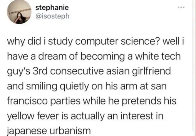A tweet about dreaming of becoming a white tech guy's Asian girlfriend and Japanese urbanism.