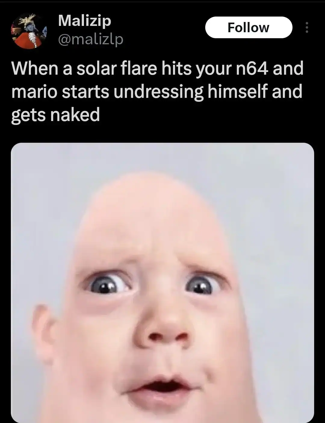 Humorous meme with a surprised baby face and text about a solar flare and Mario.