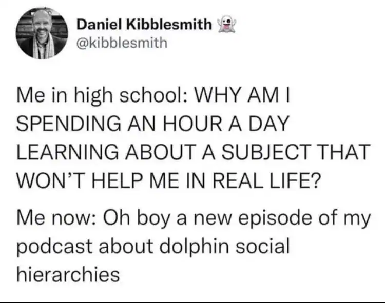 Tweet about high school learning vs. podcast about dolphin social hierarchies.