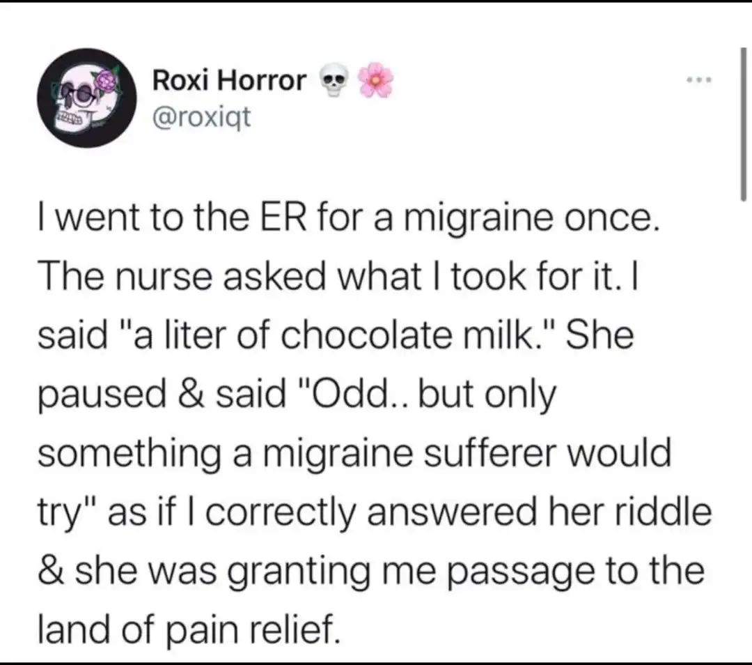 Twitter post about a migraine and a humorous answer about chocolate milk.