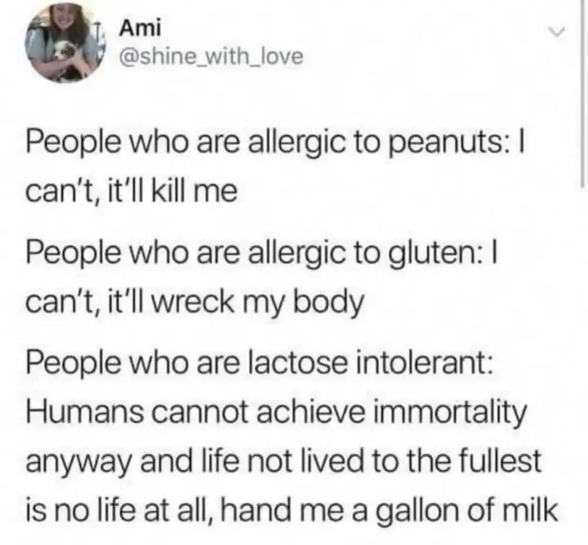 Tweet about allergies to peanuts, gluten, and lactose with humorous comments.