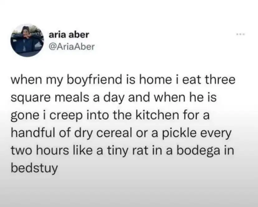 Twitter post by Aria Aber about sneaking into the kitchen for cereal when her boyfriend is gone.