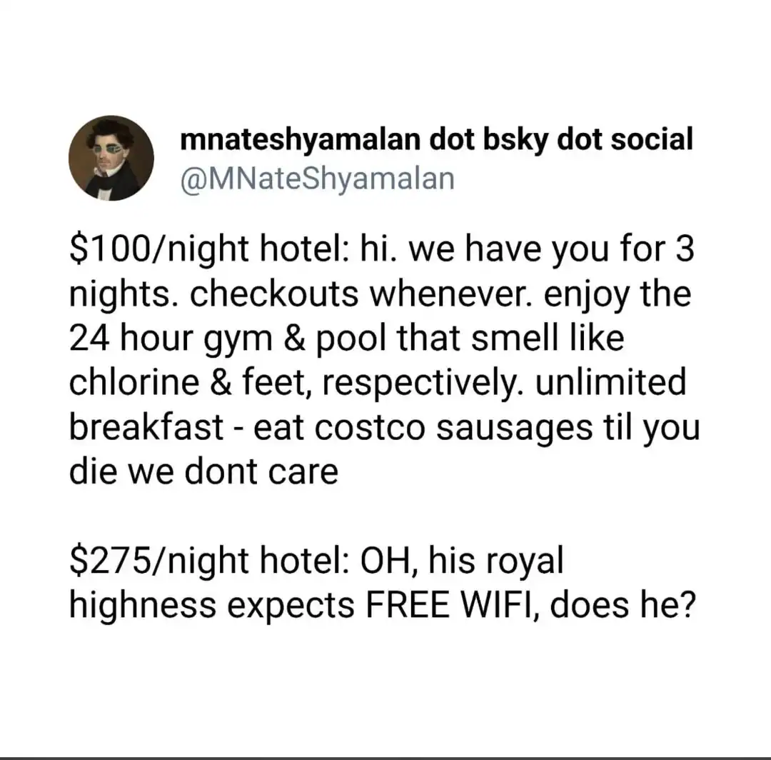 Twitter post about hotel stays, gym, pool, and free WiFi.