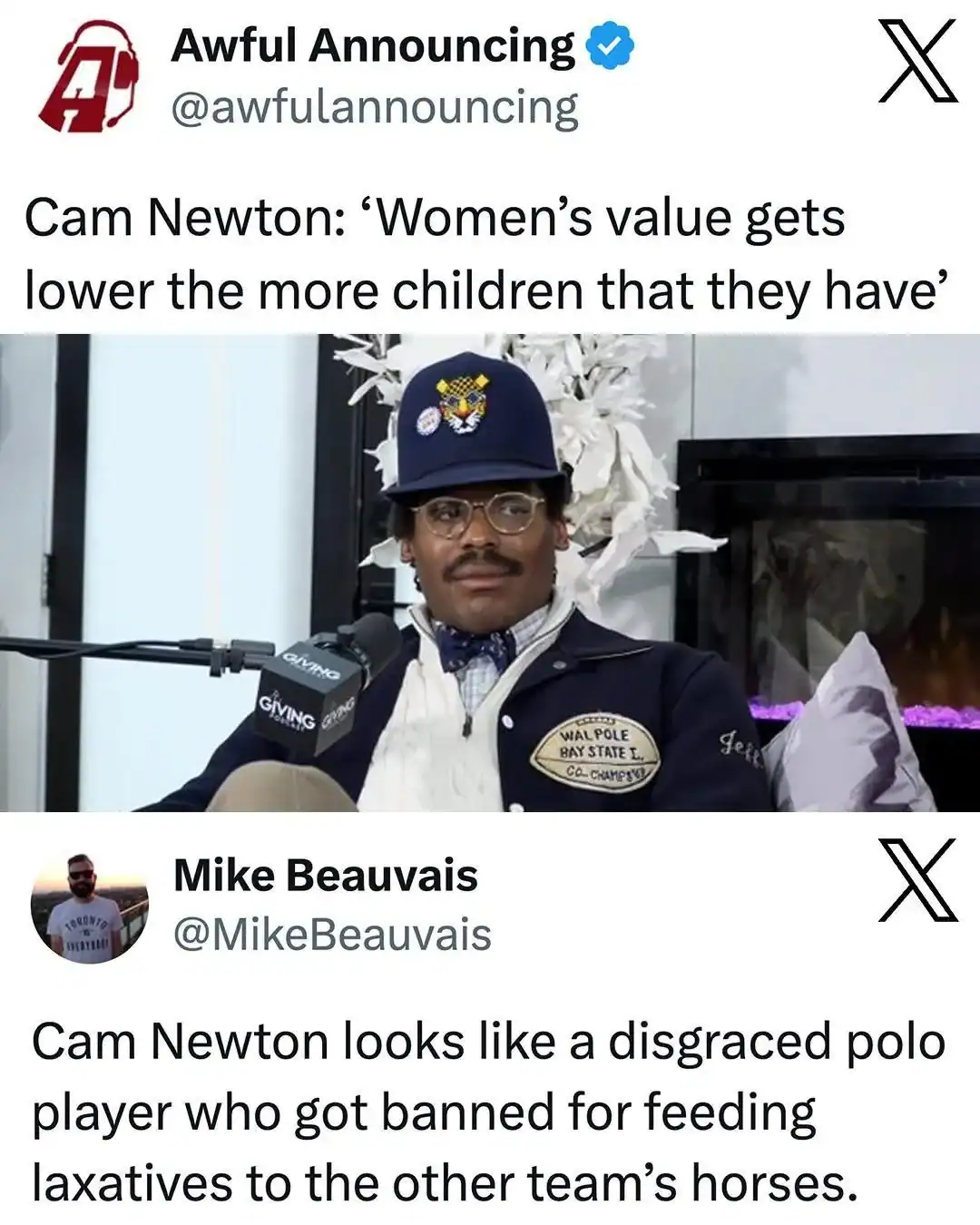 Cam Newton with a disapproving expression, wearing a polo and cap, at a press conference.