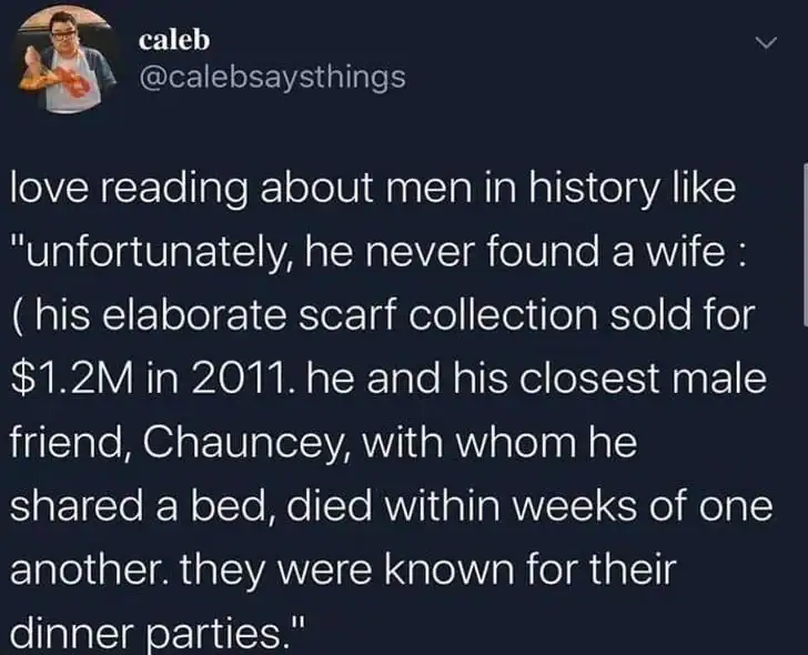 Twitter post about men in history and their wives, mentioning a scarf collection and a friend named.
