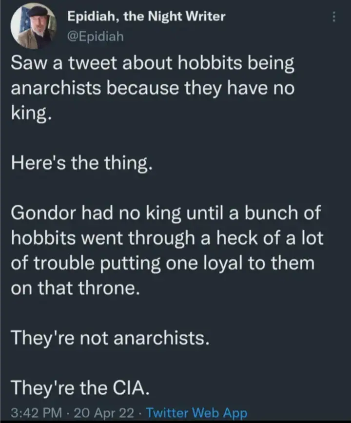 Tweet about hobbits, kings, and the CIA by Epidiah, night writer.