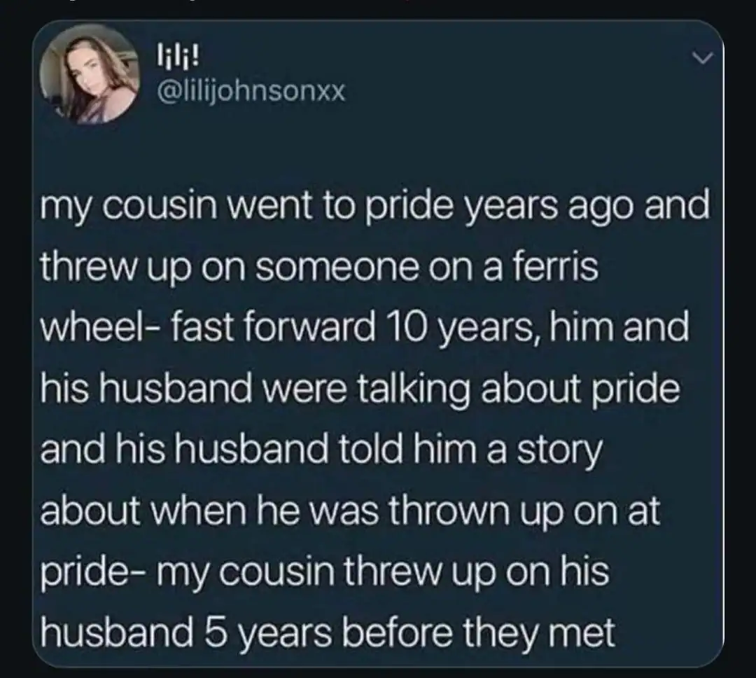 Twitter post about a cousin who threw up on a pride event and his husband 5 years earlier.