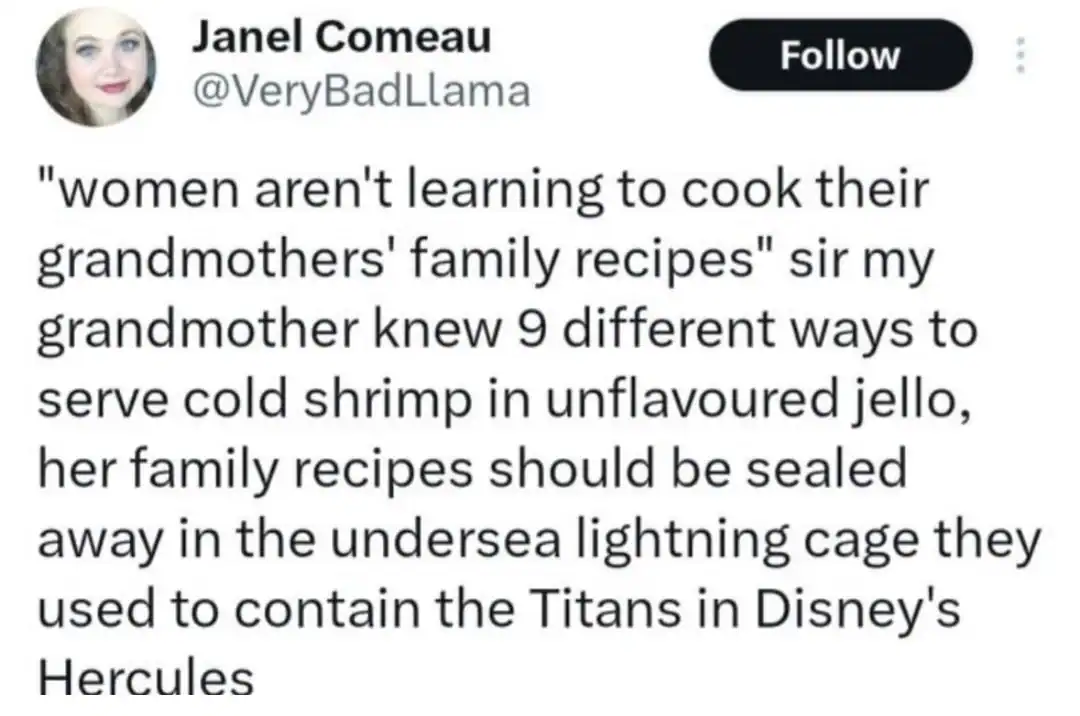 Janel Comeau's tweet about grandma's recipes and serving shrimp in a Hercules cage.