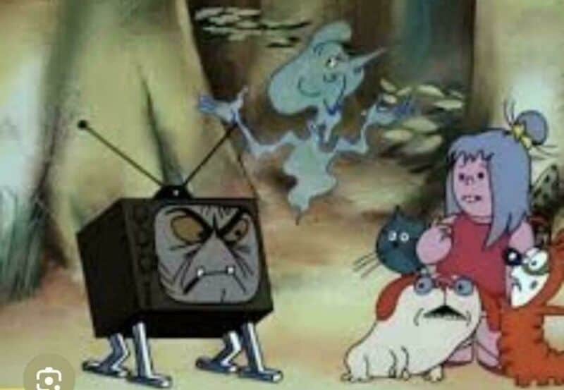 Cartoon scene with a TV character and a girl with animals in a forest.