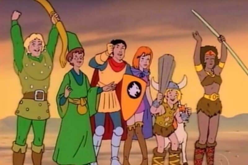Group of six animated medieval characters with weapons and armor, celebrating.