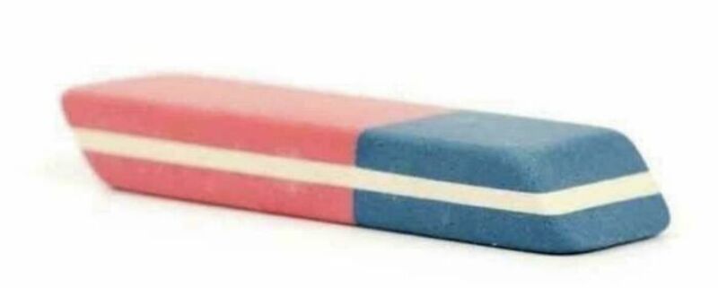 Colorful eraser with pink, white, and blue sections.