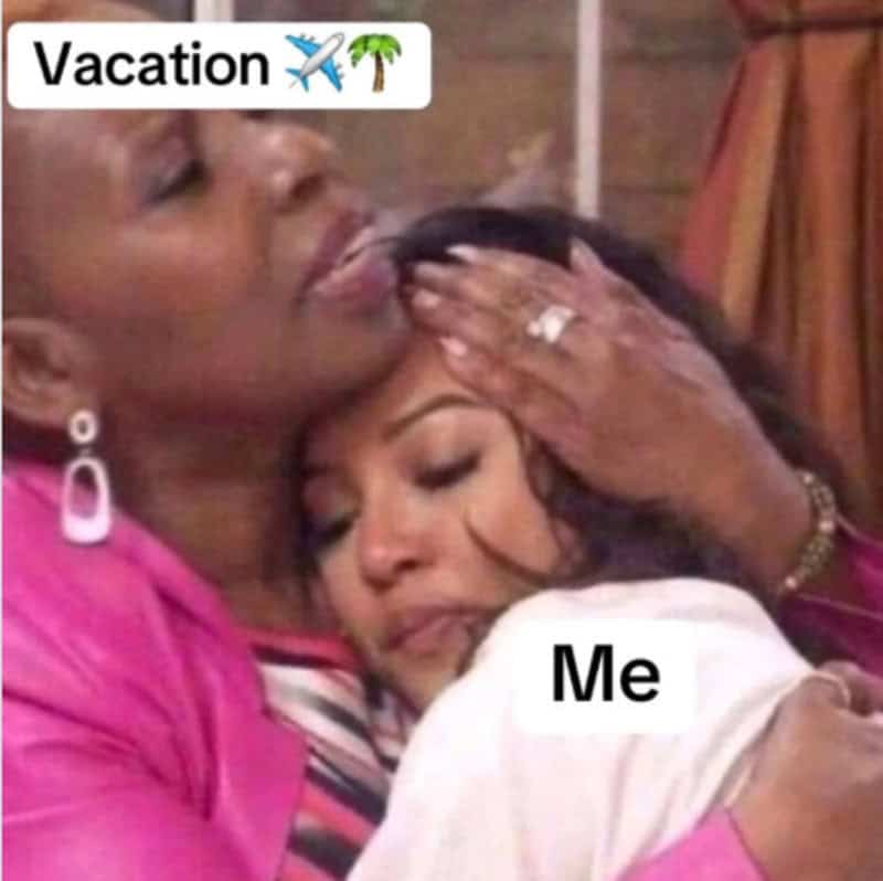 A woman hugging a younger woman with the word 'Vacation' and a plane and palm tree emoji.