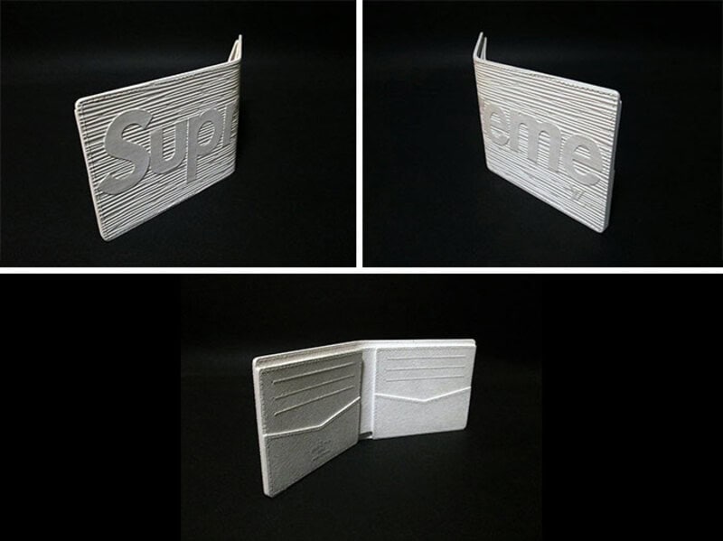 White 3D-printed wallet with 'Sup' text, shown from three angles.