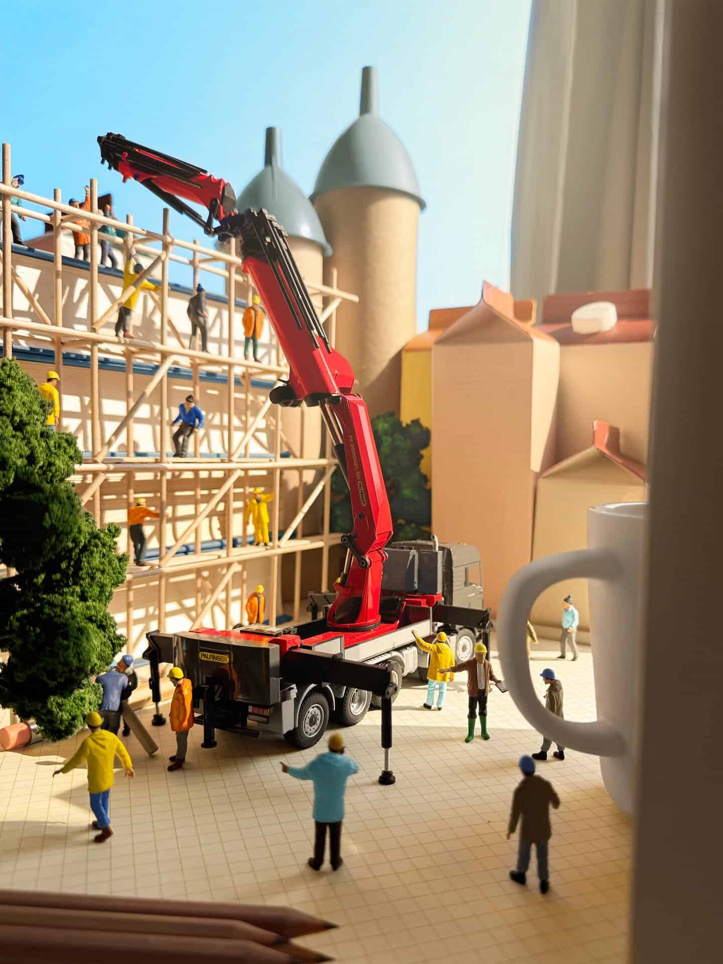 Miniature construction site with crane and tiny workers, seen through a window.