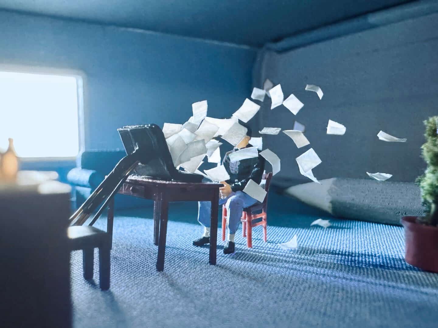 Miniature scene of a person at a desk with papers flying around in a diorama setting.