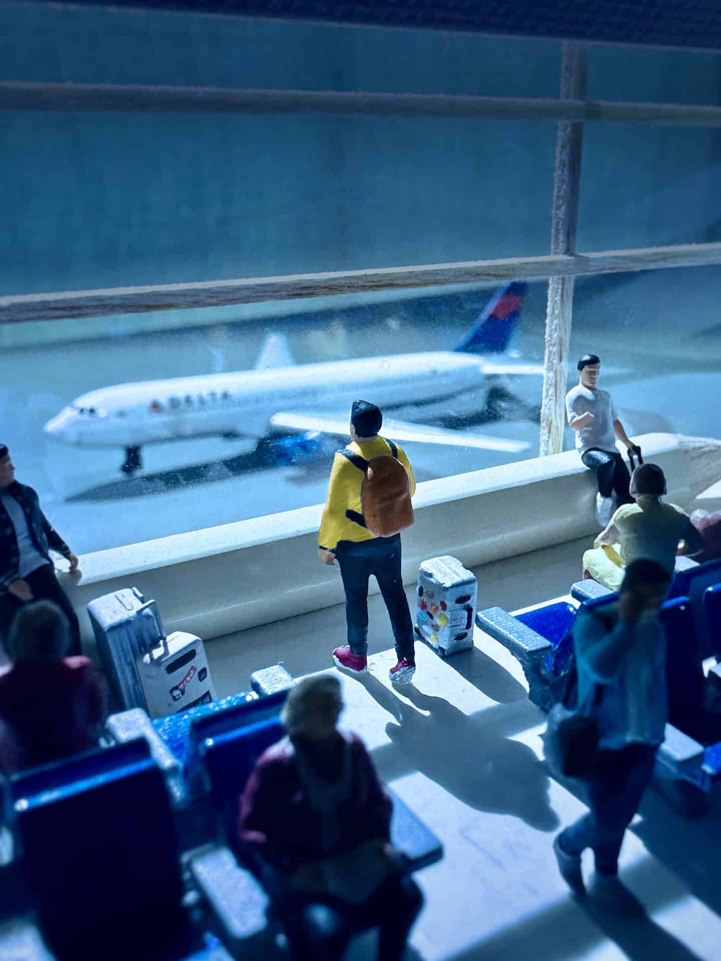 Miniature figures at airport window with airplane outside, detailed diorama scene.