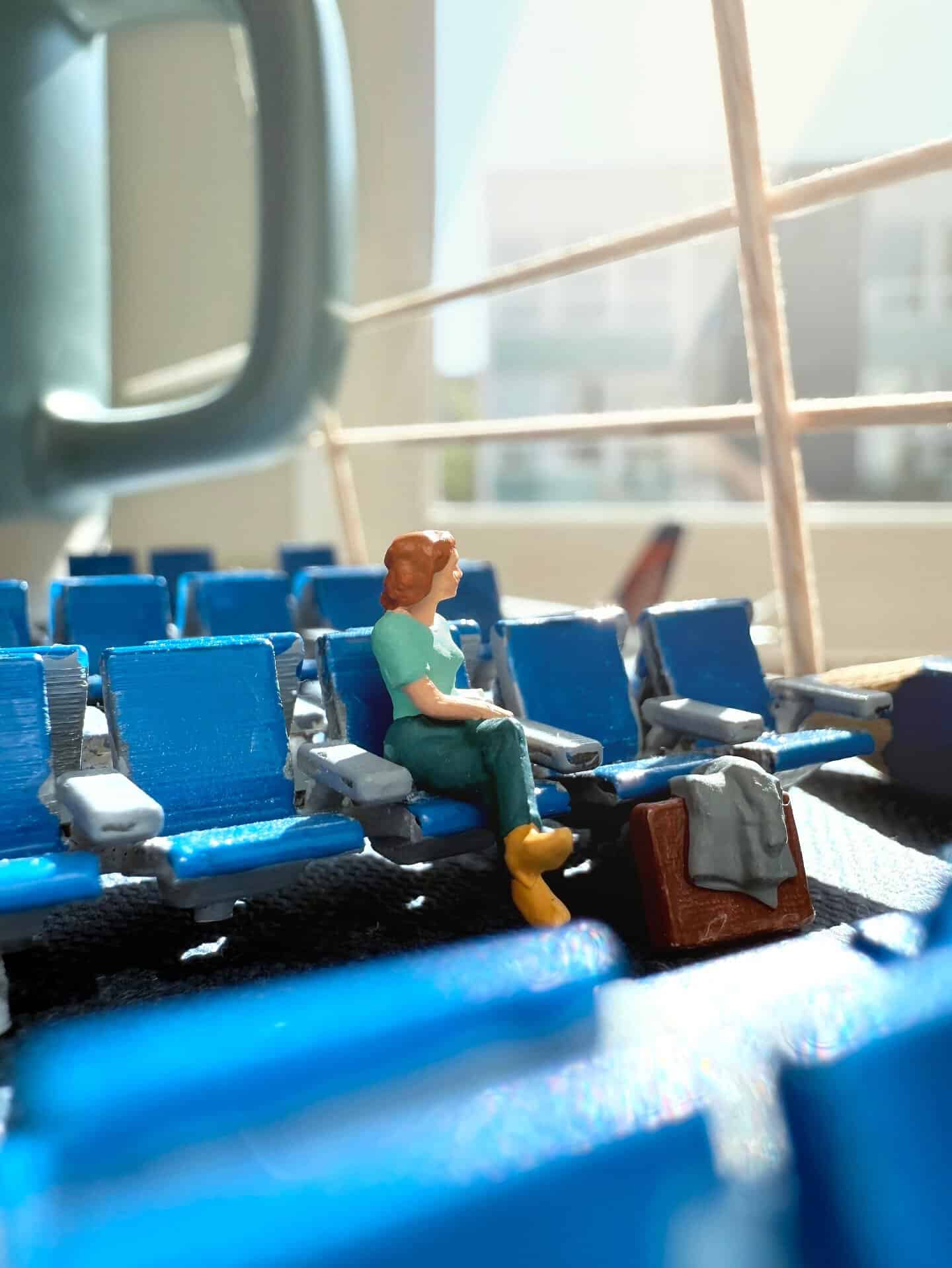 Miniature woman sitting on blue seats at an airport terminal with luggage nearby.
