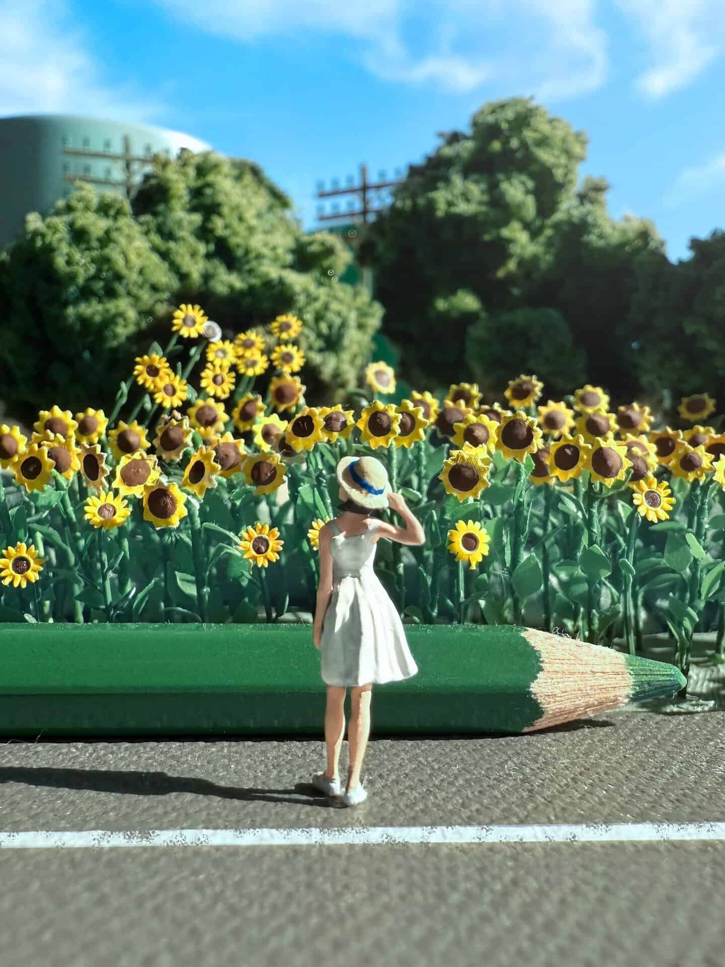 Girl in white dress and hat standing in front of sunflower field.