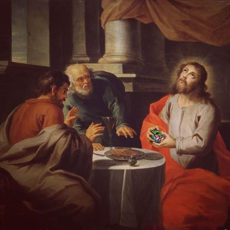 Jesus holding a Rubik's Cube at a dinner with two men, in a classical art style.