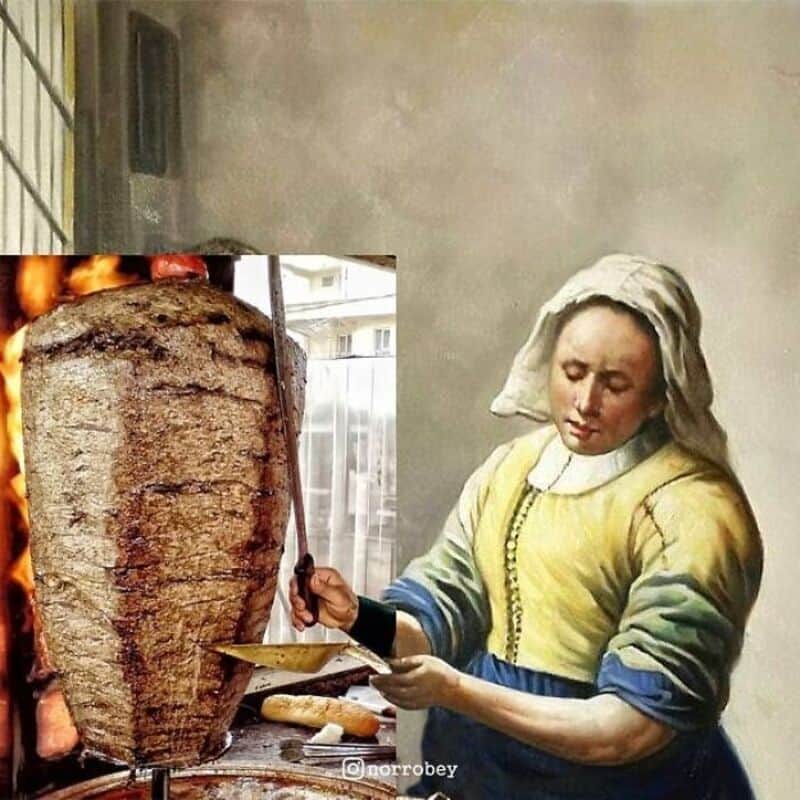 Classical painting mashup with a modern shawarma rotisserie.