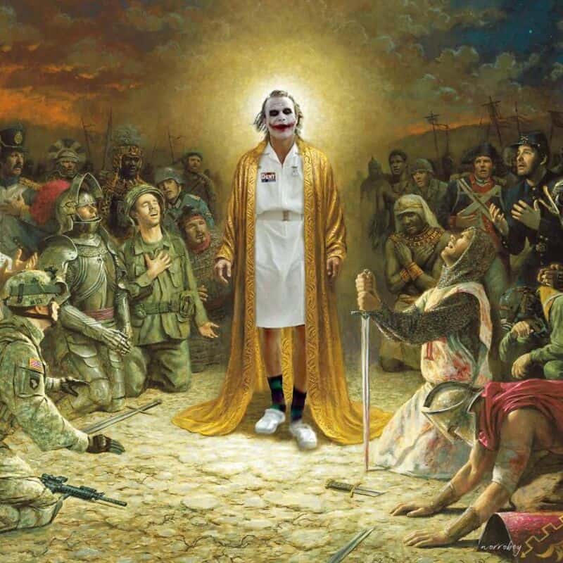 Joker in a white coat with a golden cape stands among soldiers and civilians.