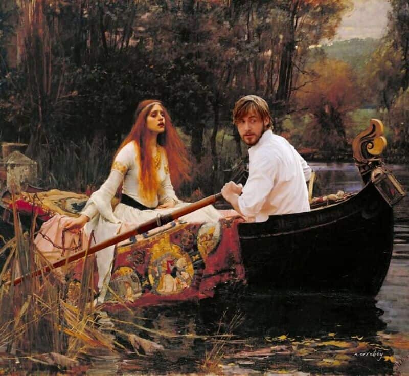 A man and woman in a boat on a river, surrounded by trees, with the woman holding an oar.