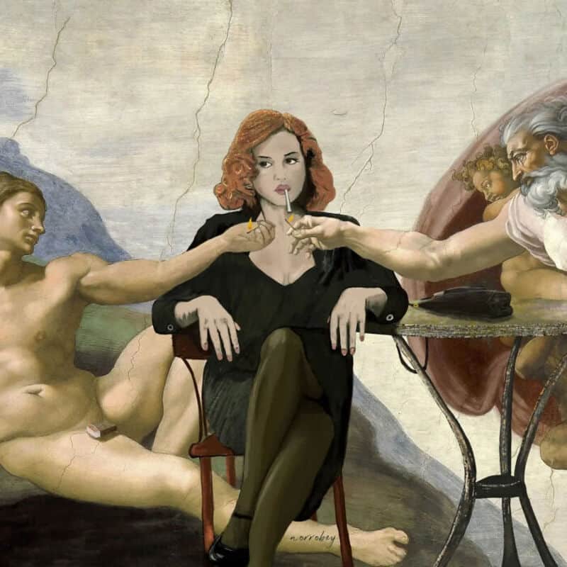 A woman with red hair in a black dress sits between a nude woman and an older man with a beard.