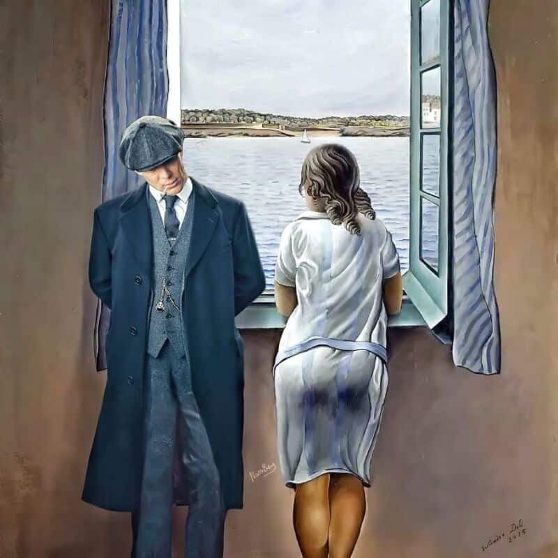 A man and woman look out a window at a body of water and sailboat.