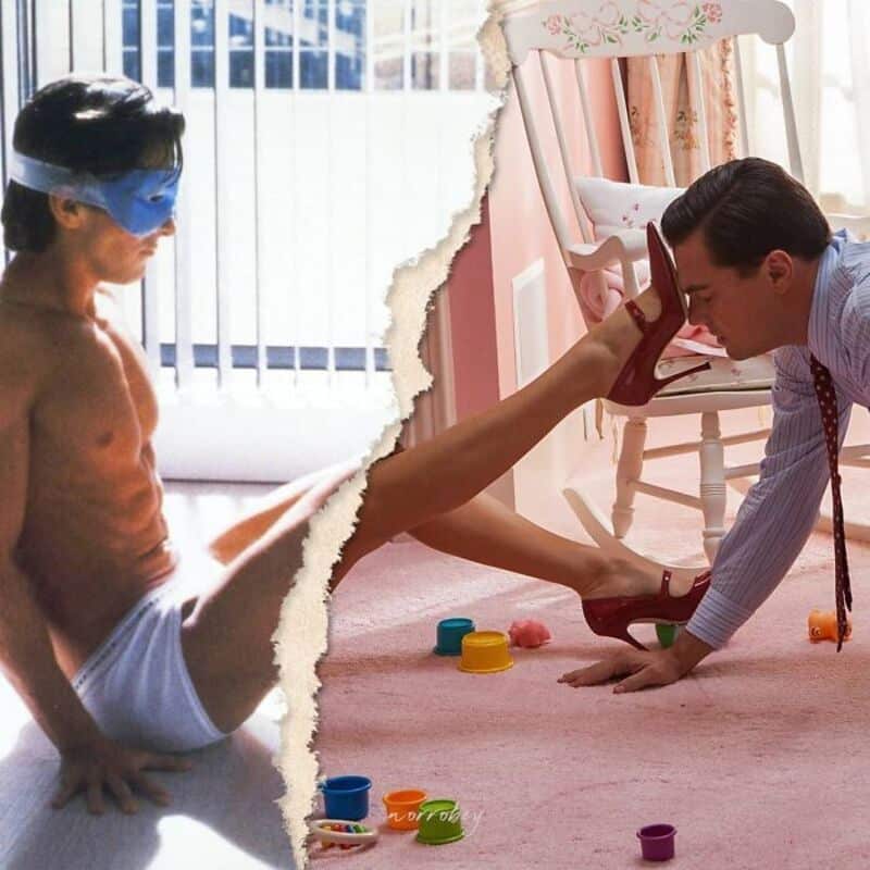 A man and woman in a playful, surreal scene with a torn paper effect.