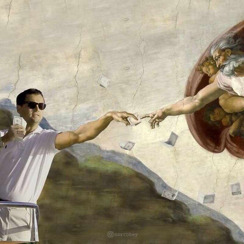 A man in sunglasses and a white shirt reaches out to touch God's finger in a classical painting.