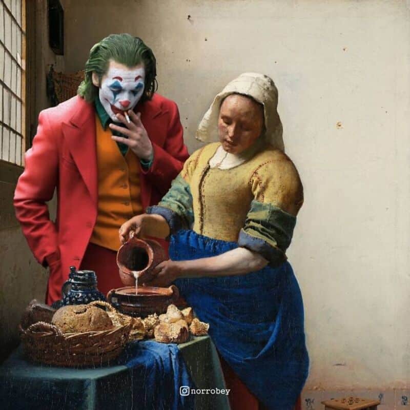 Joker and a woman in a yellow and blue dress with bread and pottery on a table.