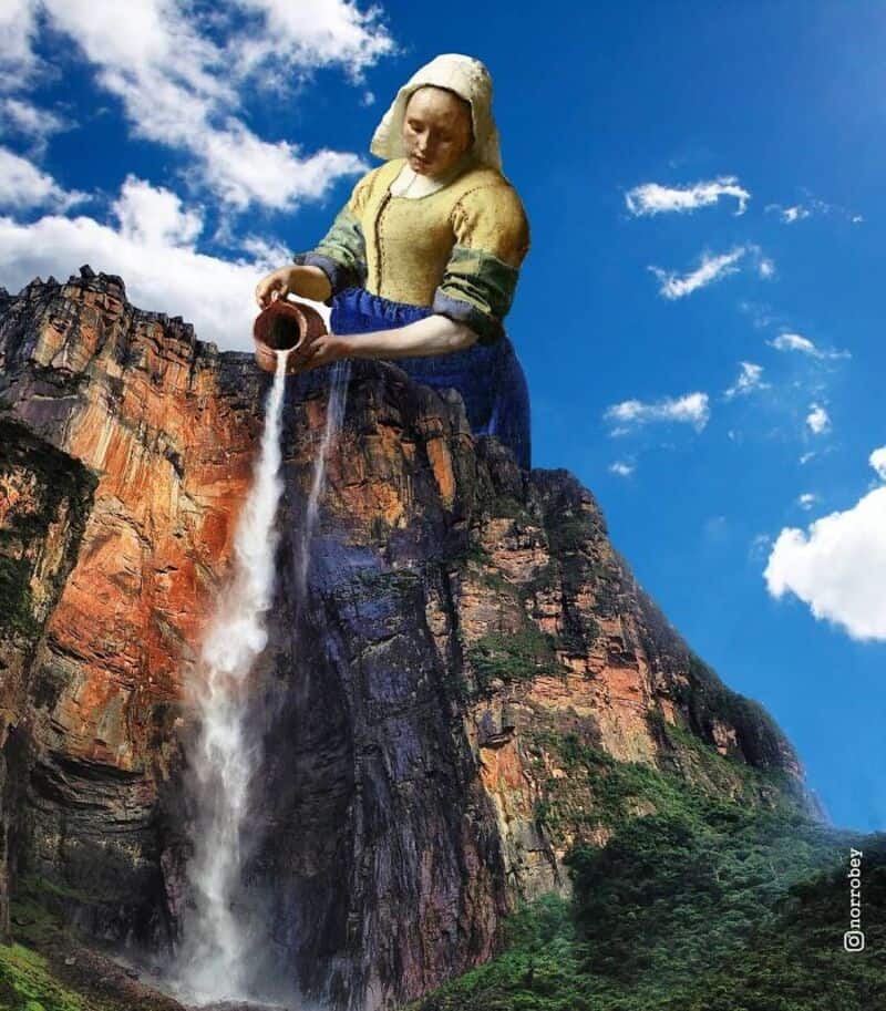 Giant woman pouring water from a jug onto a mountain landscape.
