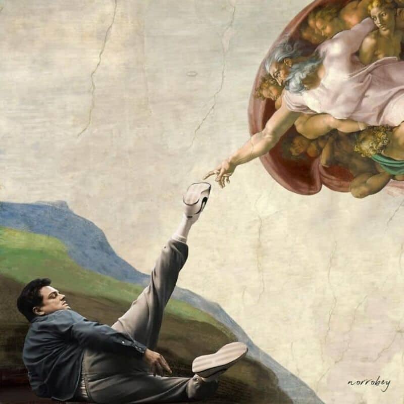 A person reaching for a robotic hand in a classical painting style.
