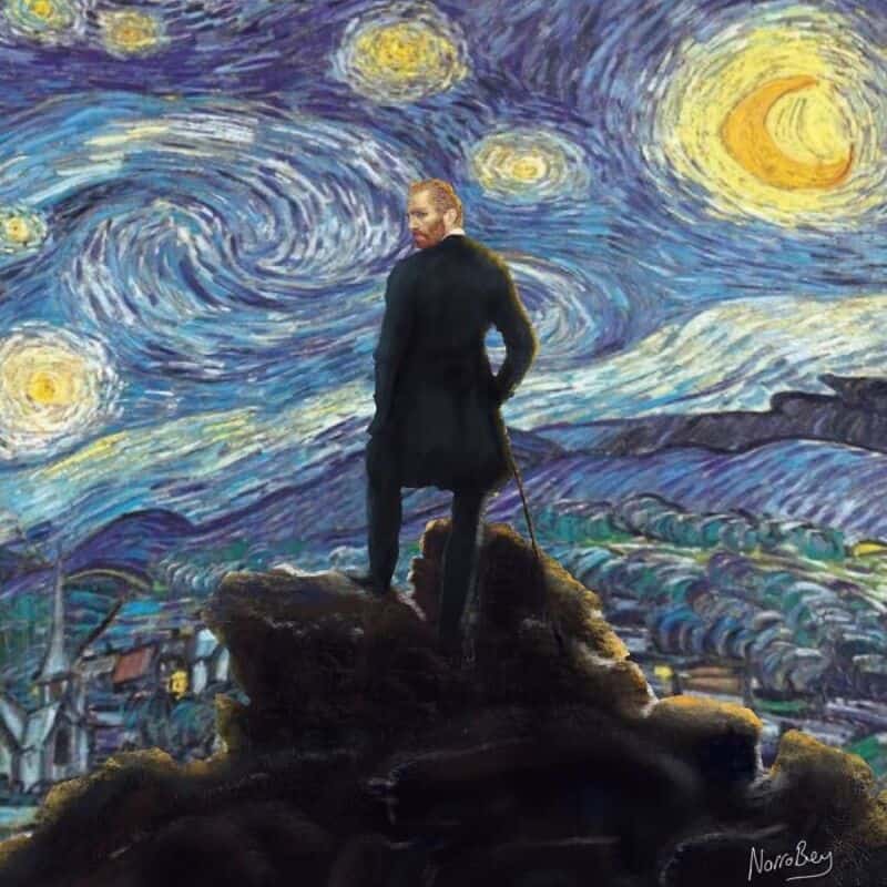 A man in a black coat stands on a rocky outcrop against a starry night sky.