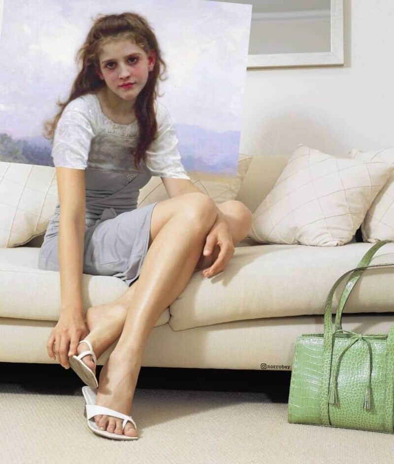 Young woman sitting on a sofa with a painting behind her and a green bag nearby.