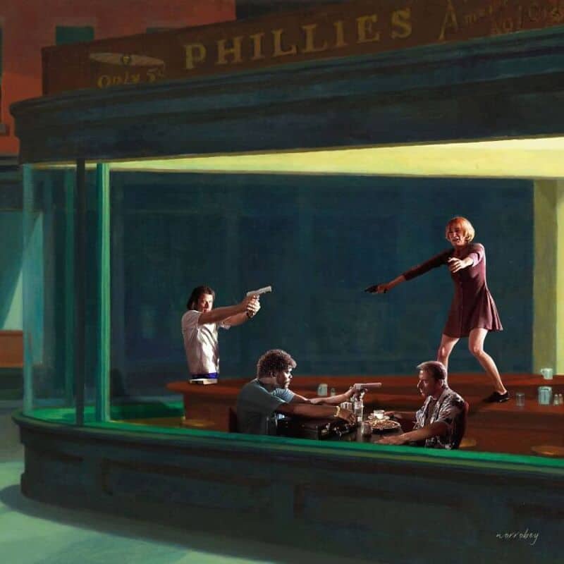 A theatrical scene with four people, one woman on stage pointing a gun, others at a table, in a styl.