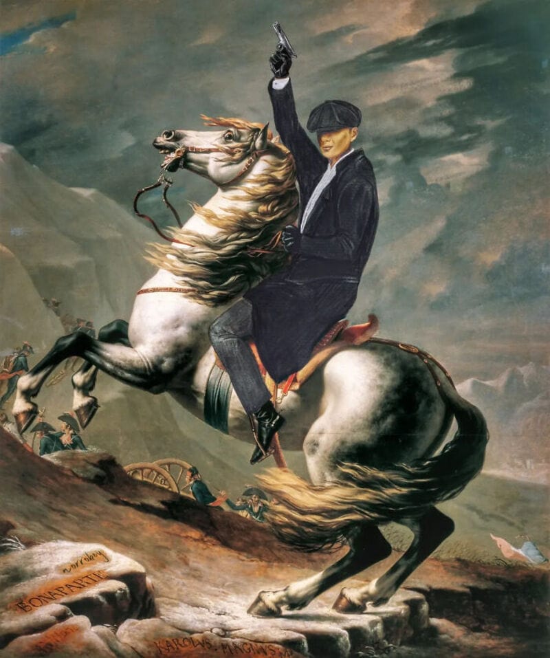 A man in dark clothing riding a rearing horse, holding a gun, with stormy skies.