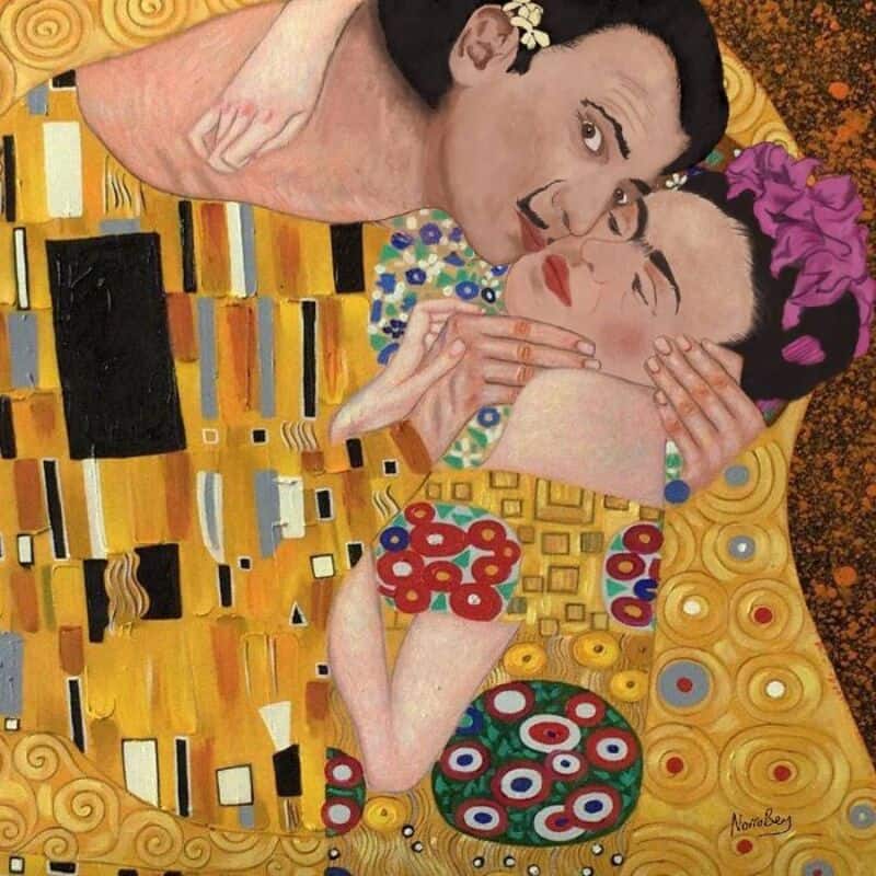 Pop art style painting of a couple embracing, inspired by Klimt's The Kiss.
