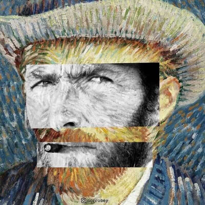 Portrait of a man with a beard and hat, with a black and white photo overlay.