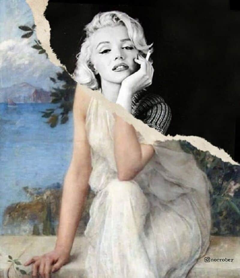 Black and white photo of Marilyn Monroe with torn paper revealing a landscape background.